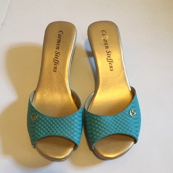 Carmen Steffens peep toe heels. Gold and green - Picture 2 of 8